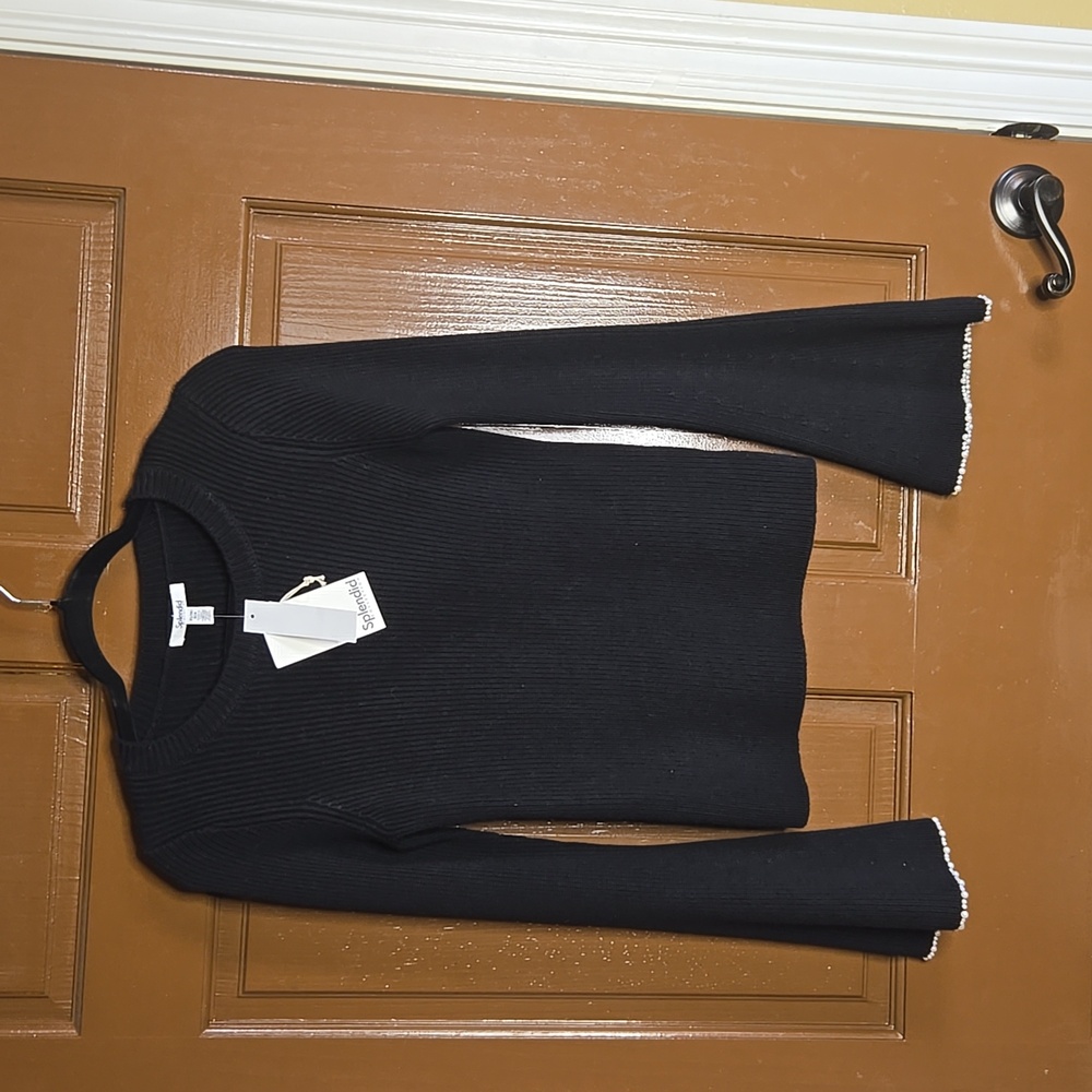 Splendid-Black wool blend round neck sweater with pearls on bell sleeves  XS NWT